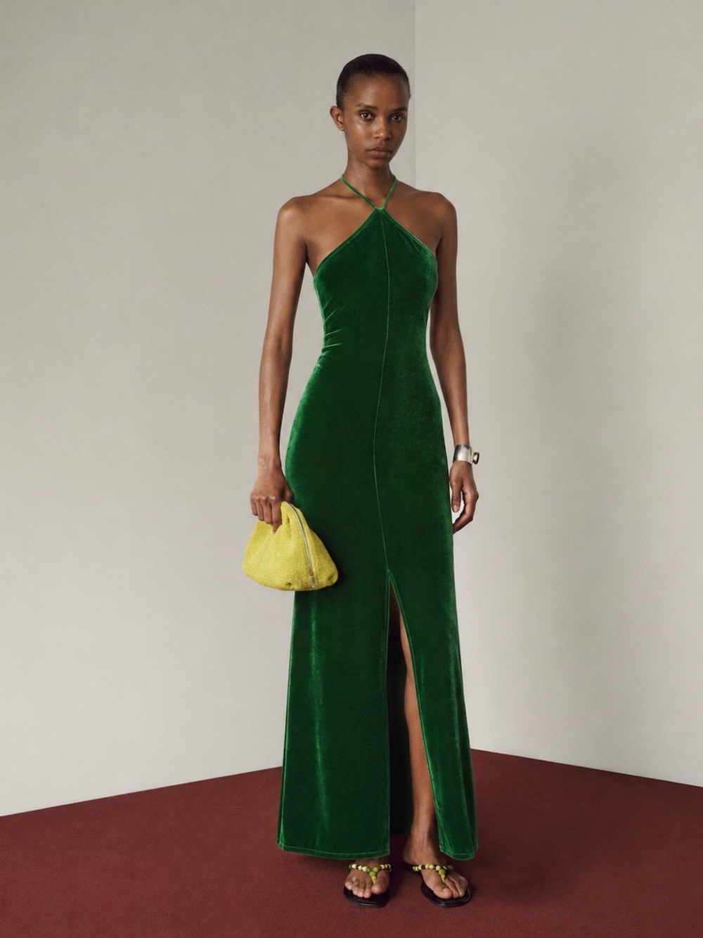 Reformation | Emerald Green Velvet Halter Nyla Maxi Dress ~ Medium